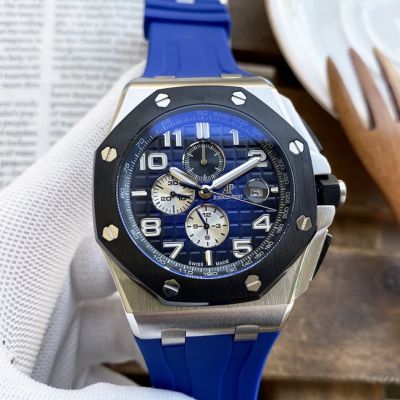 Copy Audemars Piguet Royal Oak Offshore SS Case 44mm Blue Chronograph Dial Rubber Strap