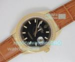 Replica Rolex Datejust Black Dial Brown Leather Strap Watch