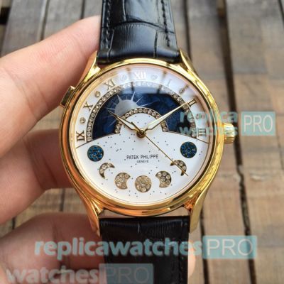 Patek Philippe Sky Moon Celestial Replica Watch White Dial Black Leather Strap